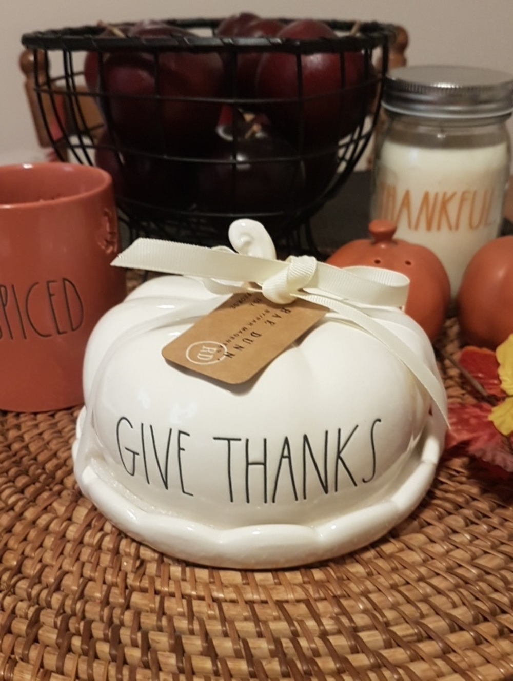 Rae Dunn White Pumpkin Butter Dish with 'Give Thanks' Lettering